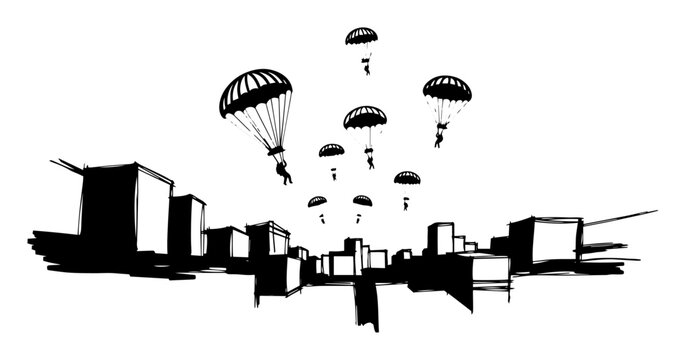 paratroopers descending on a city military invasion sketch