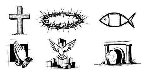 christian symbols cross fish crown sketch set