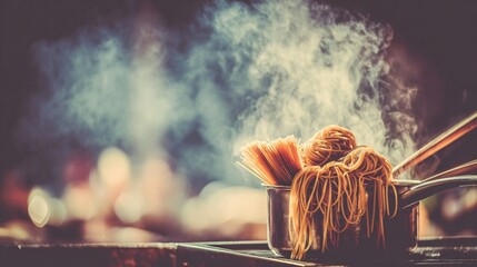 Close-up of steaming pasta in a small pot, illuminated by soft bokeh lights in background