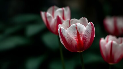 Close-up of striped red and white tulips with a dark green background