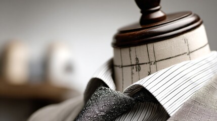 Close-up of tailor's dummy, adorned with a button-up shirt and patterned tie. Focus on the details