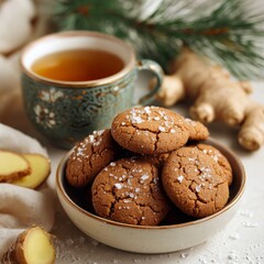 Close-up of teacup next to a bowl of cookies and ginger, with green branch