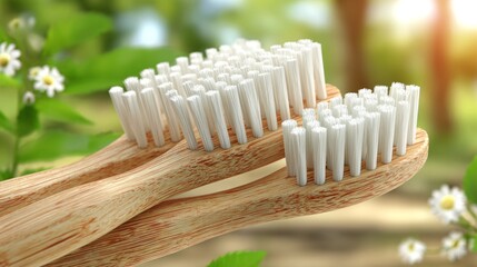 Close-up of three bamboo toothbrushes with white bristles, soft background with blurred flowers