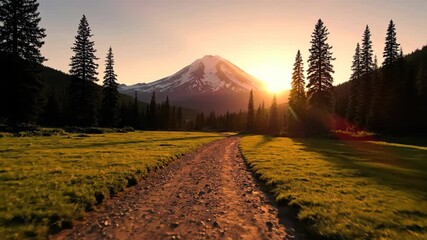 Serene sunrise over mountain path with glowing sunlight and majestic trees