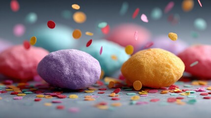 Confetti explosion frozen in mid-air, vibrant colors, birthday celebration