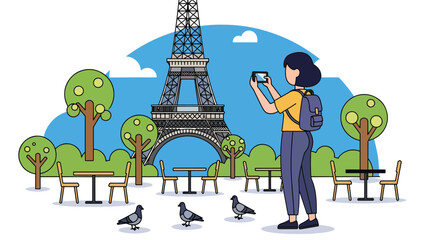 Flat illustration of a woman photographing the Eiffel Tower in Paris with trees and city atmosphere. Perfect for travel, tourism, adventure, and vacation themes © meeblues