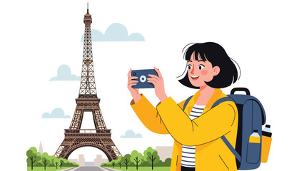 Flat illustration of a woman photographing the Eiffel Tower in Paris with trees and city atmosphere. Perfect for travel, tourism, adventure, and vacation themes © meeblues