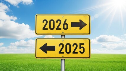 Yellow road signs pointing toward 2025 and 2026 in a bright green field under a sunny blue sky symbolizing decision, transition, direction, and future planning