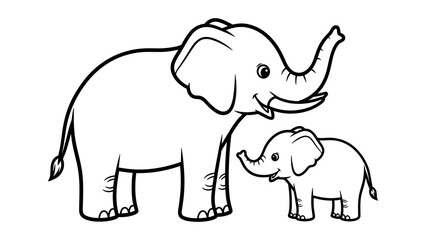 Fototapeta premium Cute elephant family in black and white outline style for coloring books