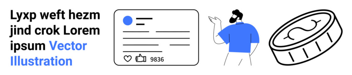 Social media marketing, digital content, cryptocurrency, online engagement, user profiles, analytics. A user next to a profile interface and a coin. Social media marketing and cryptocurrency concept
