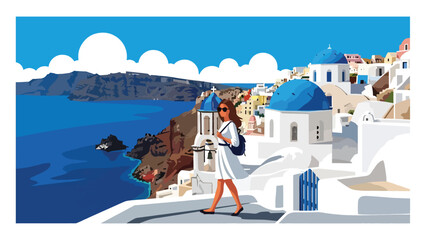 Flat illustration of a woman walking through Santorini’s blue domes and seaside cliffs. Ideal for relaxation, vacation, and Europe travel themes © meeblues