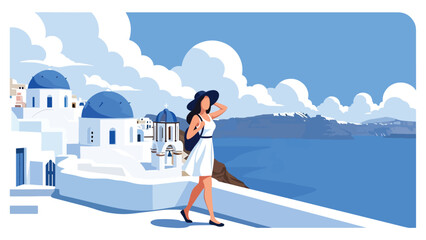 Flat illustration of a woman walking through Santorini’s blue domes and seaside cliffs. Ideal for relaxation, vacation, and Europe travel themes © meeblues