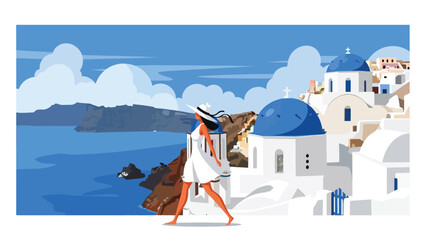 Flat illustration of a woman walking through Santorini’s blue domes and seaside cliffs. Ideal for relaxation, vacation, and Europe travel themes © meeblues