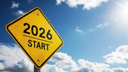 Road sign showing year 2026 start against bright blue sky with clouds
