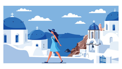Flat illustration of a woman walking through Santorini’s blue domes and seaside cliffs. Ideal for relaxation, vacation, and Europe travel themes © meeblues