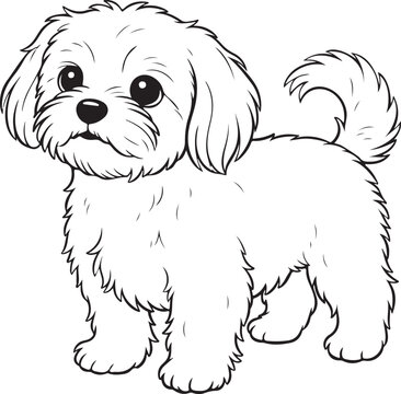 Cute cartoon shaggy puppy dog line art illustration with big eyes, fluffy fur, and curly tail, isolated vector outline drawing for children's coloring book