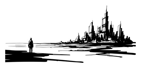 lone explorer approaching distant futuristic city vector shape silhouette