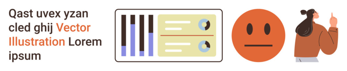 Data analytics, communication, emotional expression, presentation design, user engagement, visual storytelling. Bar chart and metrics, neutral face emotion woman gesturing. Data analytics