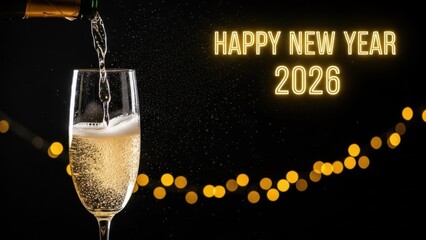 Champagne being poured into a glass with glowing golden bokeh lights and happy new year 2026 text creating a festive elegant celebration atmosphere
