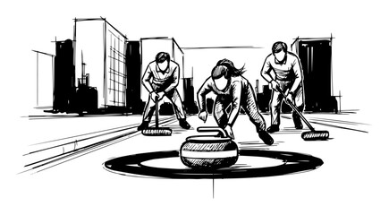 curling team sweeping stone vector shape silhouette