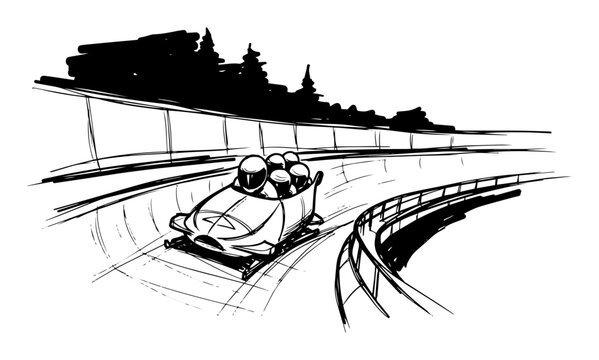 bobsleigh team speeding on ice track vector shape silhouette