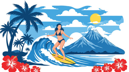 Flat illustration of a woman relaxing or surfing in Hawaii with tropical beach, flowers, and mountains. Great for vacation and lifestyle travel themes