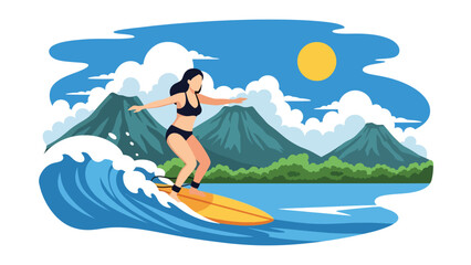 Flat illustration of a woman relaxing or surfing in Hawaii with tropical beach, flowers, and mountains. Great for vacation and lifestyle travel themes