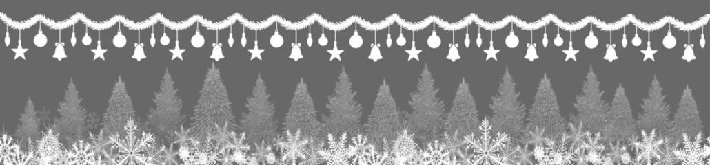 Obraz premium Christmas silhouette long garland and lots of Christmas trees. hand drawing. Not AI, Vector illustrations