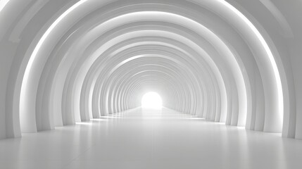 Obraz premium A long tunnel is visible with smooth white walls and arcs. The far end of the tunnel shows light creating a bright and inviting atmosphere.