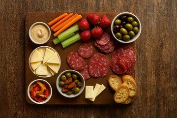 A wooden charcuterie board features sliced meats, cheese, fresh strawberries, carrots, celery, olives, peppers, dip, and toasted baguette slices. Easy entertaining ideas. Flat lay design element.
