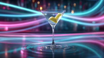 Martini glass with lemon slice reflecting on surface against colorful neon light trails