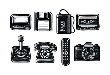 A collection of vintage electronics is presented in a bold, graphic style — stock vector.