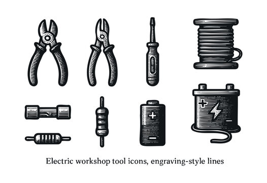 Engraved-style icons of electric workshop tools on white background &mdash; stock vector.