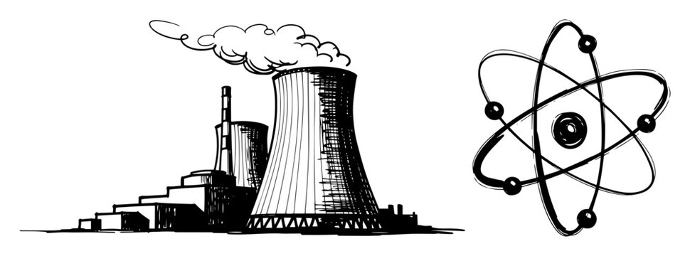 atomic energy plant with atom symbol sketch vector