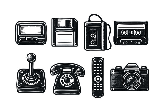A collection of vintage electronics is presented in a bold, graphic style &mdash; stock vector.
