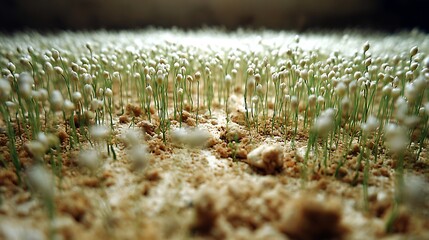 Close-up of tiny plants with white bulbous tips, emerging from light-brown soil