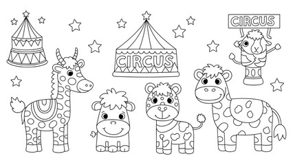 Fototapeta premium Cute circus animals coloring page with giraffe, monkey, and tent