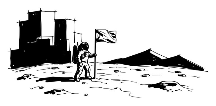 astronaut planting flag on moon or planet vector silhouette