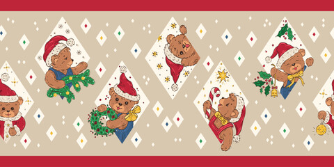Cute Teddy Bears in Santa Hats. Christmas Holiday Horizontal Banner. Hand Drawing Vector Illustration.
