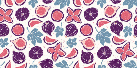 Purple Fig and Leaves Seamless Pattern. Vibrant Fruit Background. Hand drawing Vector illustration.