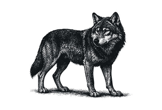 A detailed black and white drawing showcases a majestic wolf standing alert, rendered in a vintage etched style &mdash; stock illustration.