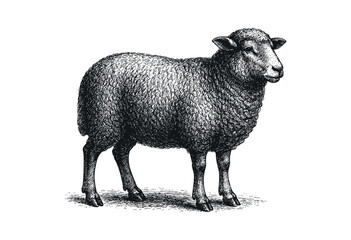 Fototapeta premium Monochrome drawing of a sheep in a vintage engraving style on a white background — stock illustration.