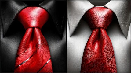 Close-up of two formal shirts, one black and one white, each adorned with a bright red tie