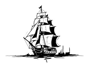 old tall sailing ship at sea vector black silhouette