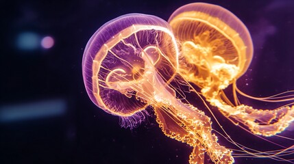 Close-up of two glowing jellyfish in deep blue, showcasing ethereal bioluminescence