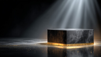 Naklejka premium Luxury Black Marble Podium with Golden Glow and Dramatic Spotlight