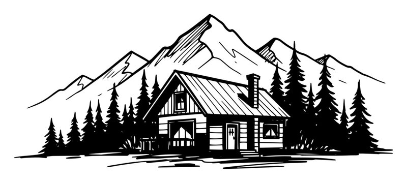 mountain cabin forest landscape sketch vector