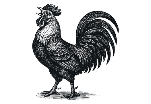 A classic rooster illustration in a woodcut style, crowing loudly &mdash; stock illustration.