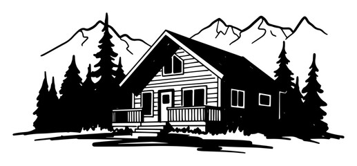 mountain house cabin forest sketch vector