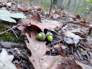 Close-up of two green acorns on forest floor with fallen leaves